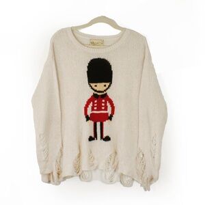 Vintage Wild Fox White Label White Knit Distressed UK Theme Pullover Sweater